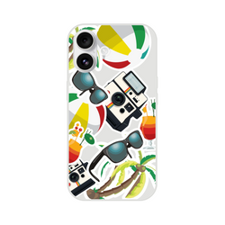 Clear iPhone case with summer holiday sticker stickers featuring palm trees, vintage camera, sunglasses, beach ball, and tropical drinks.