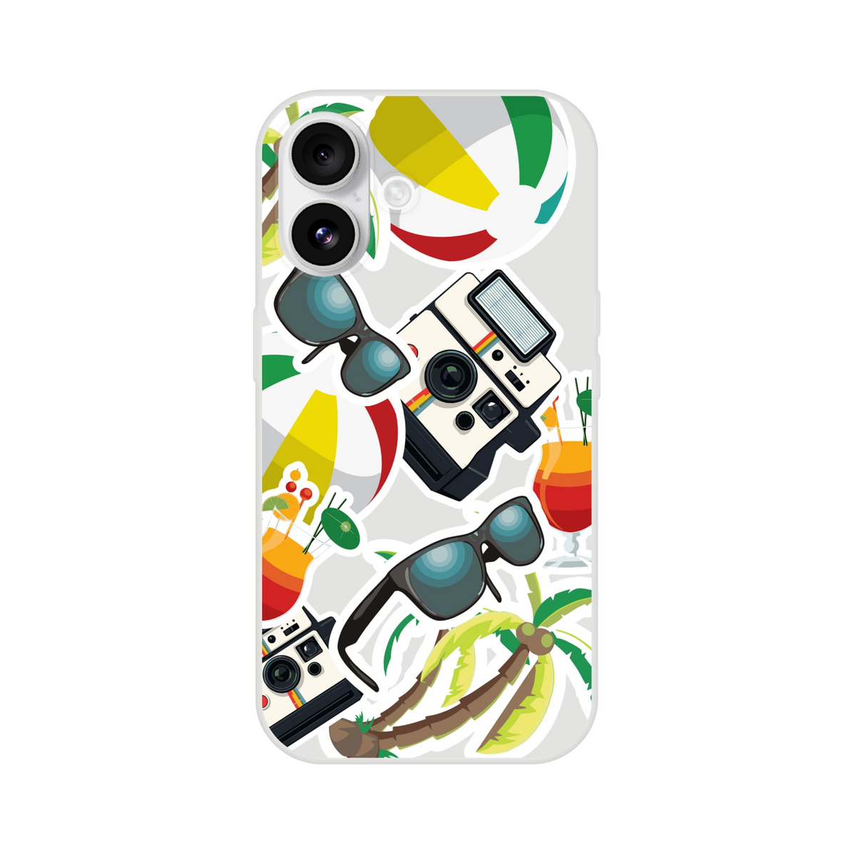 Clear iPhone case with summer holiday sticker stickers featuring palm trees, vintage camera, sunglasses, beach ball, and tropical drinks.