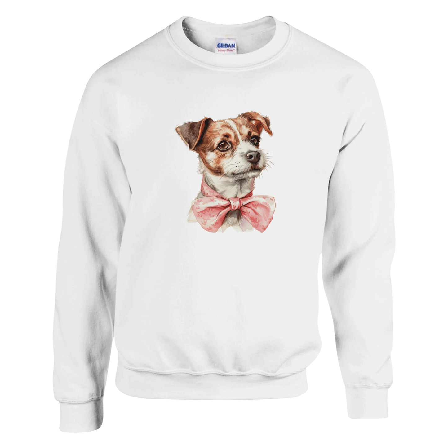 White unisex crewneck sweatshirt featuring a watercolor-style dog portrait with a pink bow.