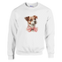 White unisex crewneck sweatshirt featuring a watercolor-style dog portrait with a pink bow.