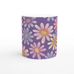 Retro Pastel Daisy Mug with purple background and pastel floral pattern on ceramic.