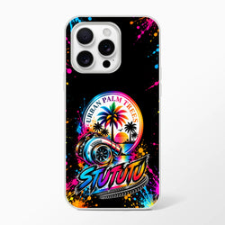 Turbo car culture iPhone case featuring a metallic turbocharger, rainbow palm trees, and vibrant paint splatters against a black background.