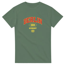 Women's Berlin graphic T-shirt in olive green with red and yellow Berlin 1994 Germany design