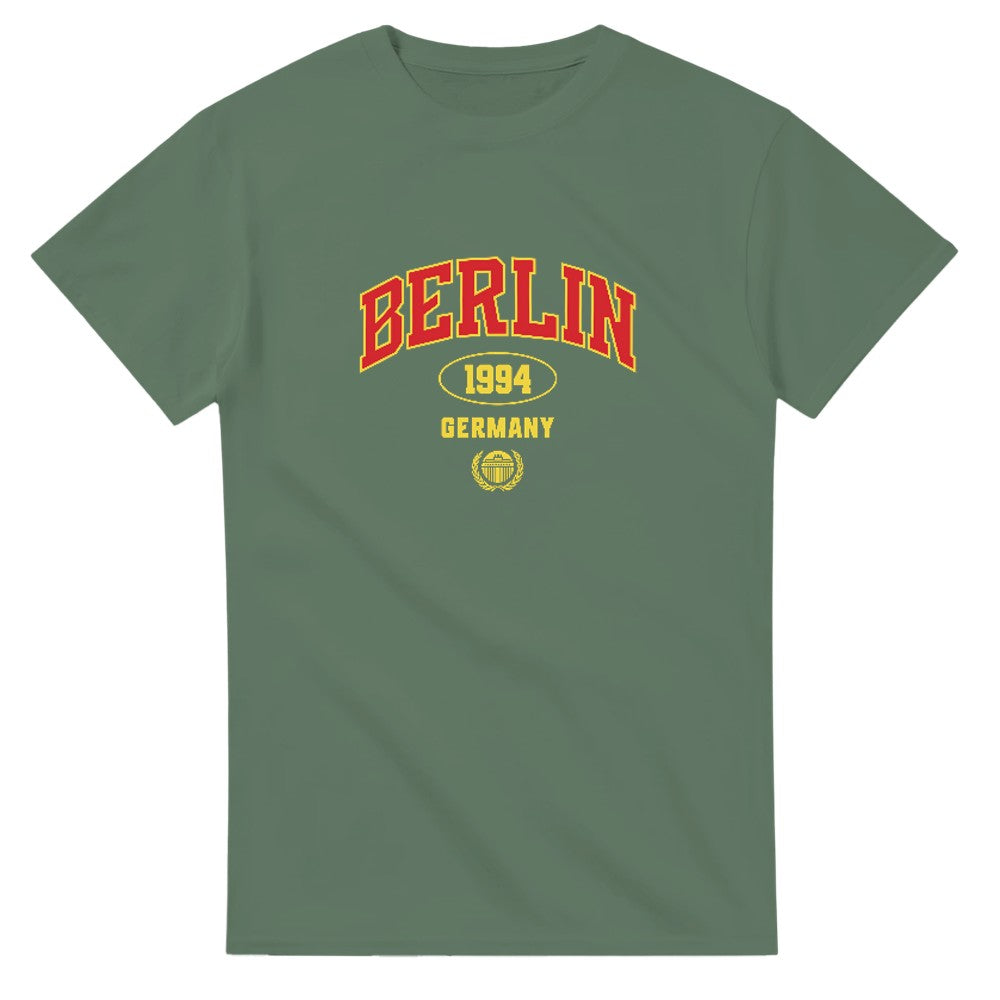 Women's Berlin graphic T-shirt in olive green with red and yellow Berlin 1994 Germany design