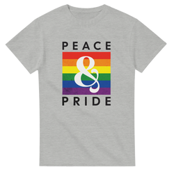 Grey retro graphic tee featuring "PEACE & PRIDE" text over a distressed rainbow stripe and white ampersand.