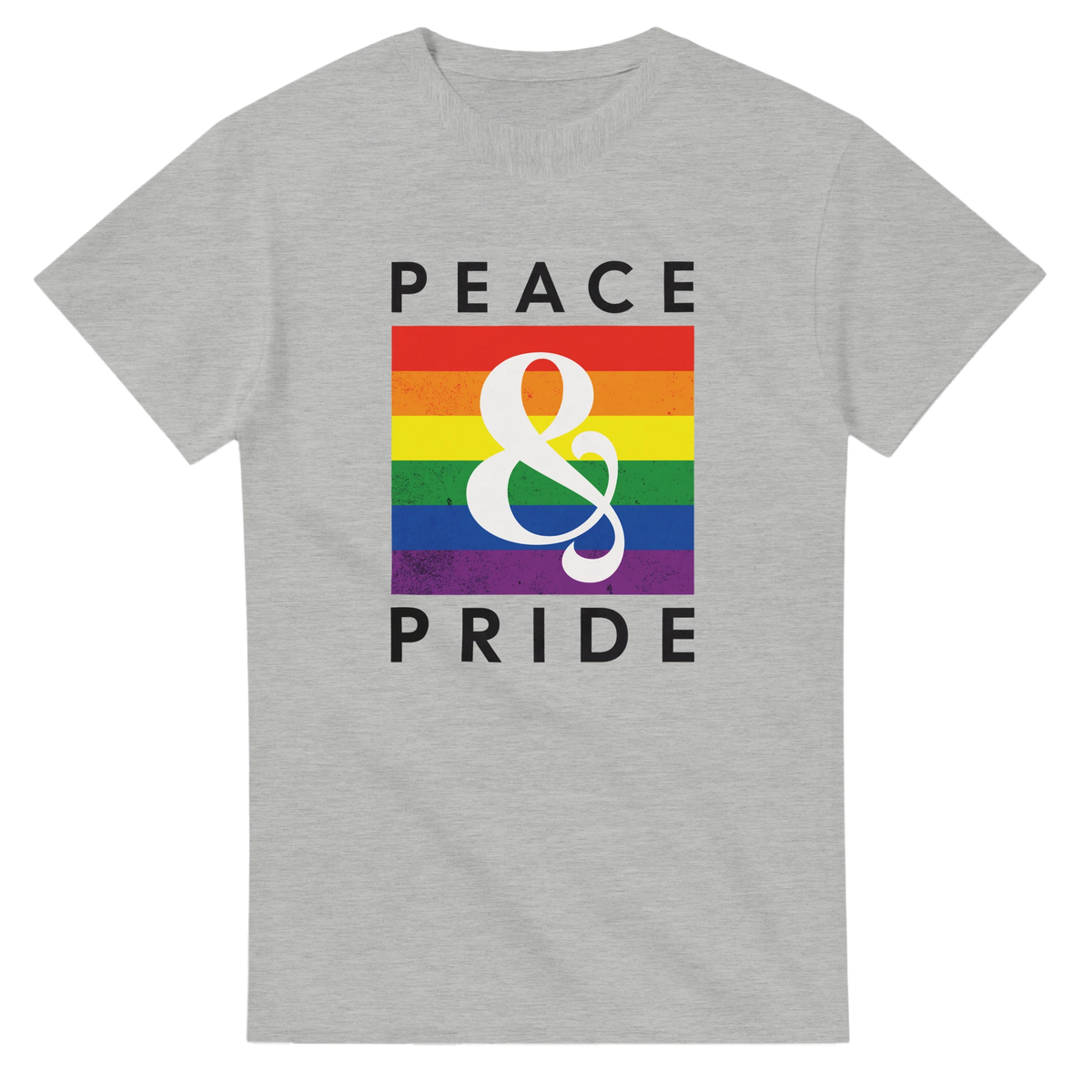 Grey retro graphic tee featuring "PEACE & PRIDE" text over a distressed rainbow stripe and white ampersand.