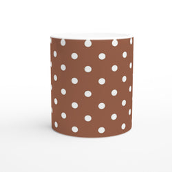 Retro brown and white polka dot ceramic mug, featuring a crisp spotty pattern for daily coffee or tea.