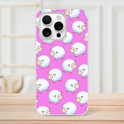 Pink Cute Sheep iPhone Case (13-16) with a repeating kawaii sheep pattern on a matte finish.