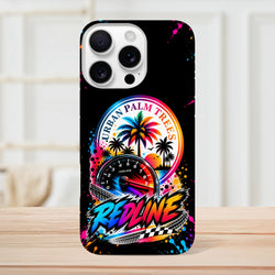 Black iPhone case featuring colorful Urban Palm Trees graphic, tachometer, and Redline text with paint splatter accents for modified car culture.
