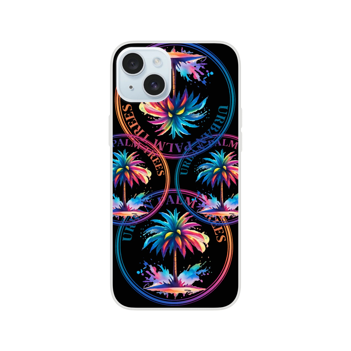 Urban Palm Trees iPhone Case (13-16) with retro palm design, matte finish, slim lightweight TPU protection.