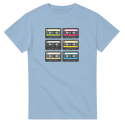 Retro Cassette Collection T-Shirt for Women featuring a grid of colorful cassette tape graphics on a light blue tee.
