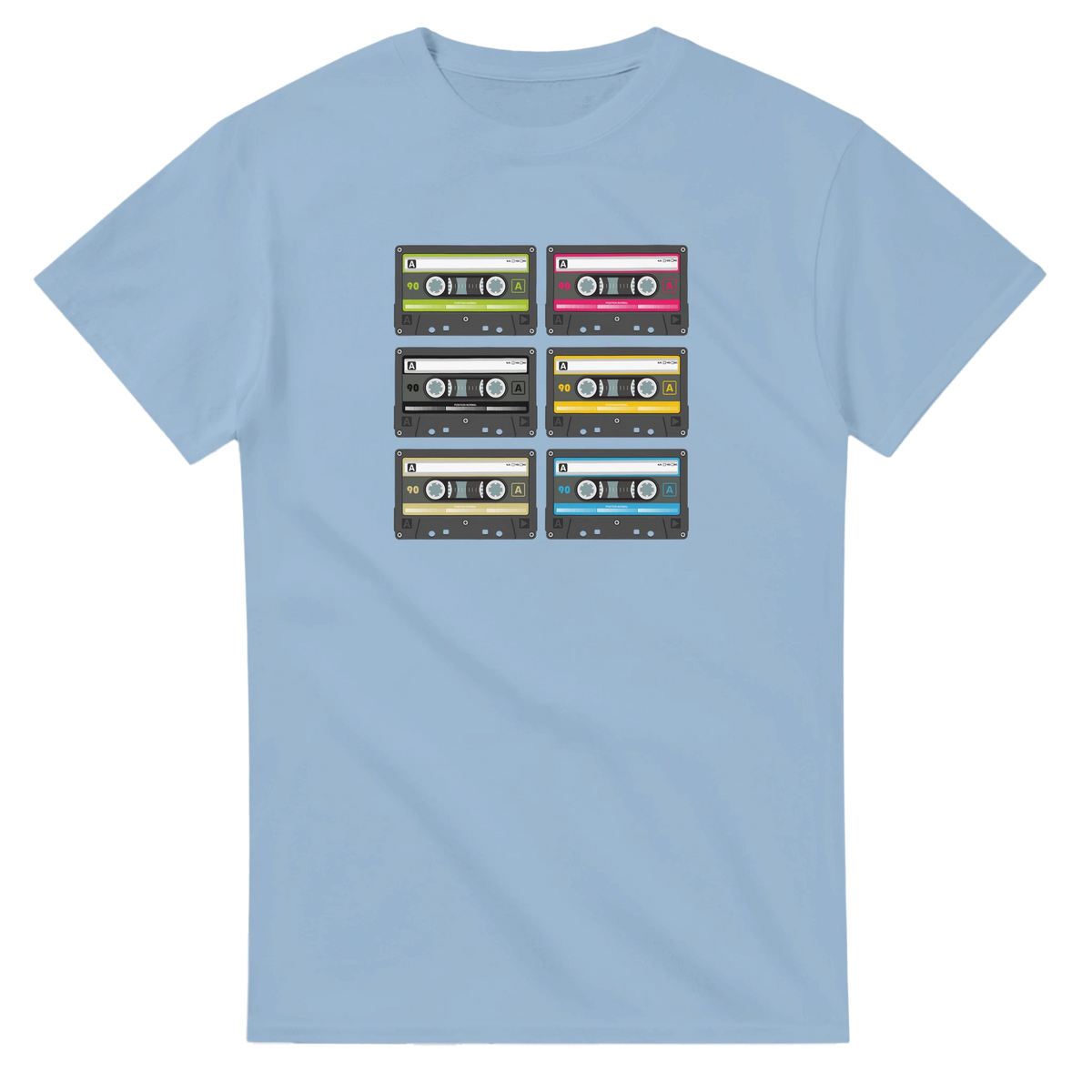 Retro Cassette Collection T-Shirt for Women featuring a grid of colorful cassette tape graphics on a light blue tee.
