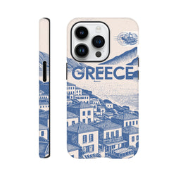 Vintage Greece tough iPhone case featuring a blue Mediterranean village illustration, bold text, and shock-absorbing protection.