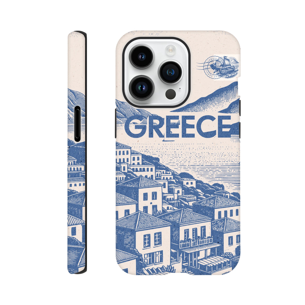 Vintage Greece tough iPhone case featuring a blue Mediterranean village illustration, bold text, and shock-absorbing protection.