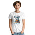 Young woman wearing white Coconut Beach graphic T-shirt with tropical coconut print.