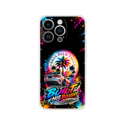 Vibrant iPhone case featuring a silver car, colorful palm trees, and Built Not Bought text against a splatter art background.