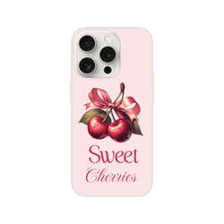 Pink iPhone case featuring a cherry duo tied with a pink ribbon and Sweet Cherries script.