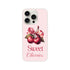 Pink iPhone case featuring a cherry duo tied with a pink ribbon and Sweet Cherries script.