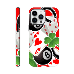 Tough iPhone case with lucky charm sticker design featuring ace of hearts, 8 ball, four-leaf clover, and horseshoe on red background.