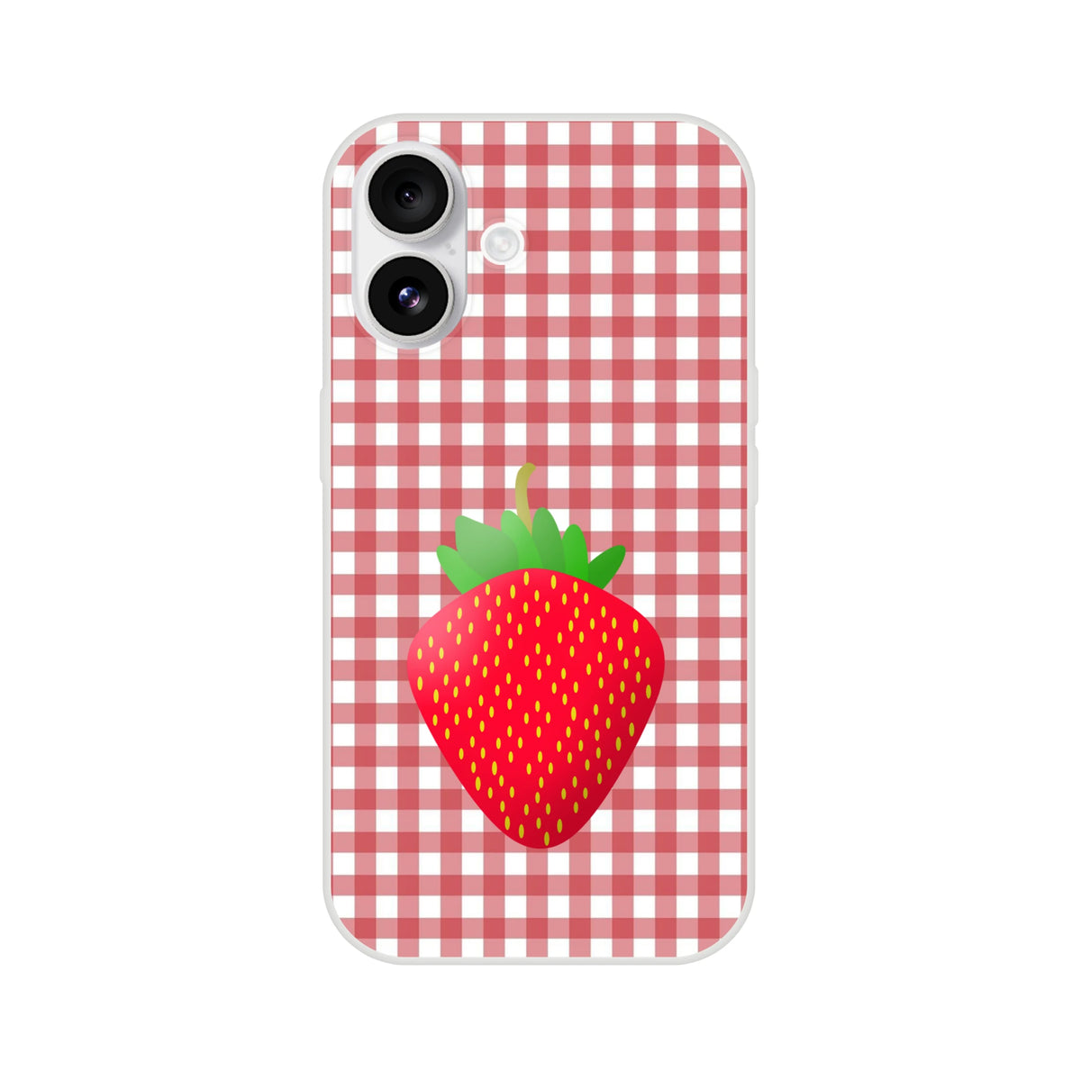 Pink strawberry gingham iPhone case (13-16) with a strawberry graphic and a matte finish.