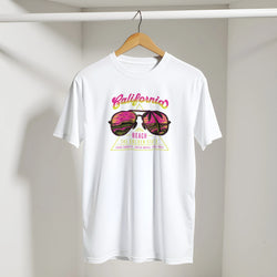 White Y2K California Beach T‑Shirt for Women on a wooden hanger with a retro pink-yellow graphic.