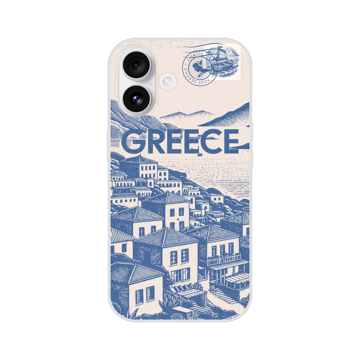 Greece vintage postcard-style iPhone case (13-16) featuring blue stamp motif and hillside town illustration.