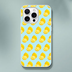 Pastel blue iPhone case featuring a cute yellow lemon pattern with whole and sliced citrus fruits for summer style.