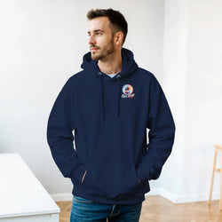 Man wearing navy blue Full Send car culture hoodie with palm tree graphic. Petrolhead streetwear sweatshirt for men.