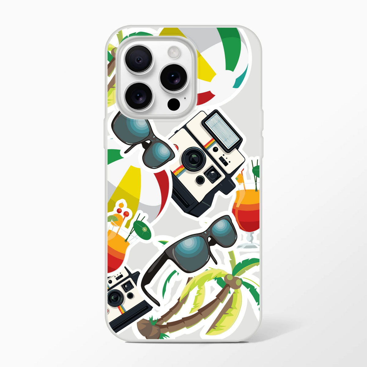 Transparent iPhone case with summer sticker collage featuring palm trees, vintage cameras, sunglasses, and tropical cocktails.