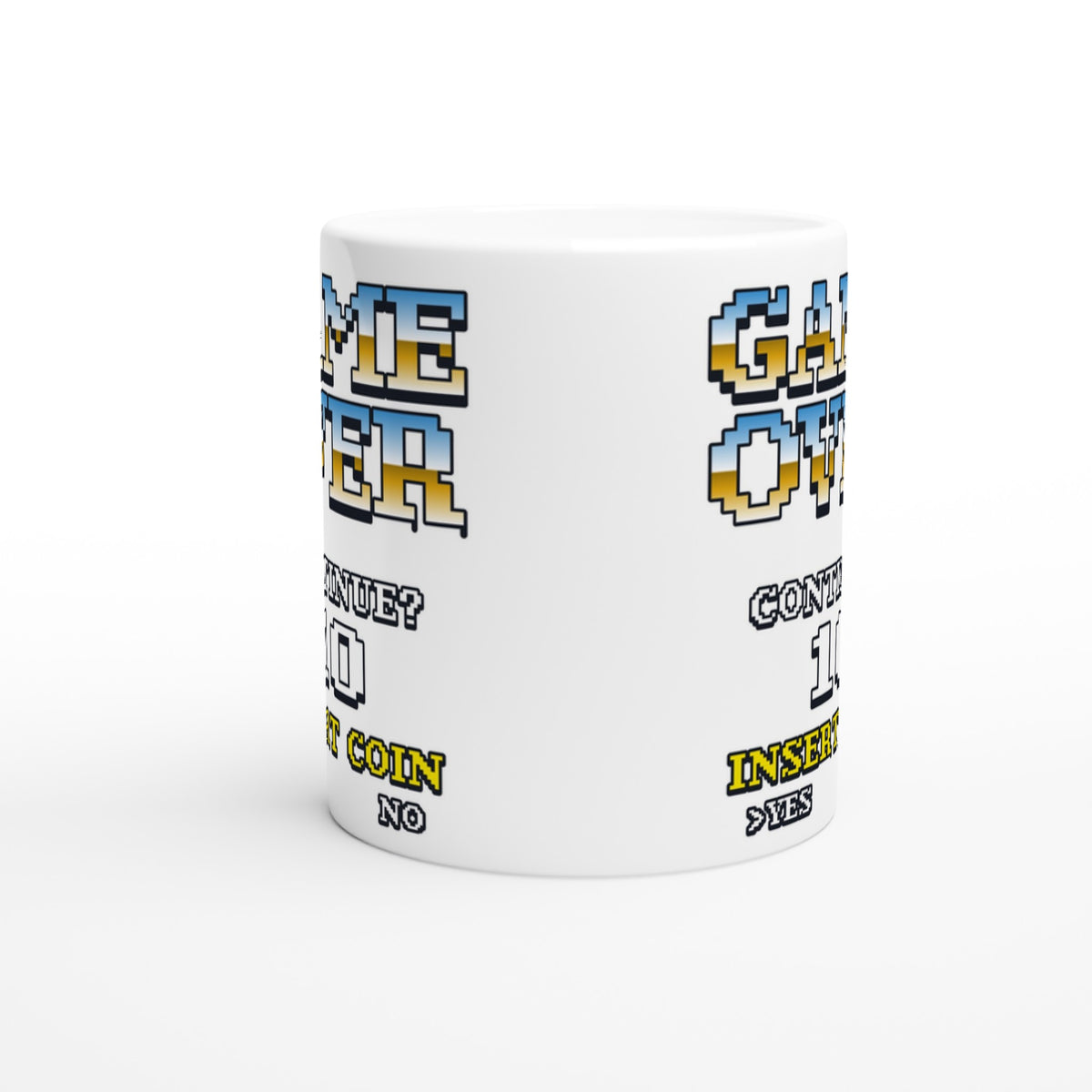 90s arcade mug with pixelated GAME ON text in blue and yellow on glossy white ceramic.