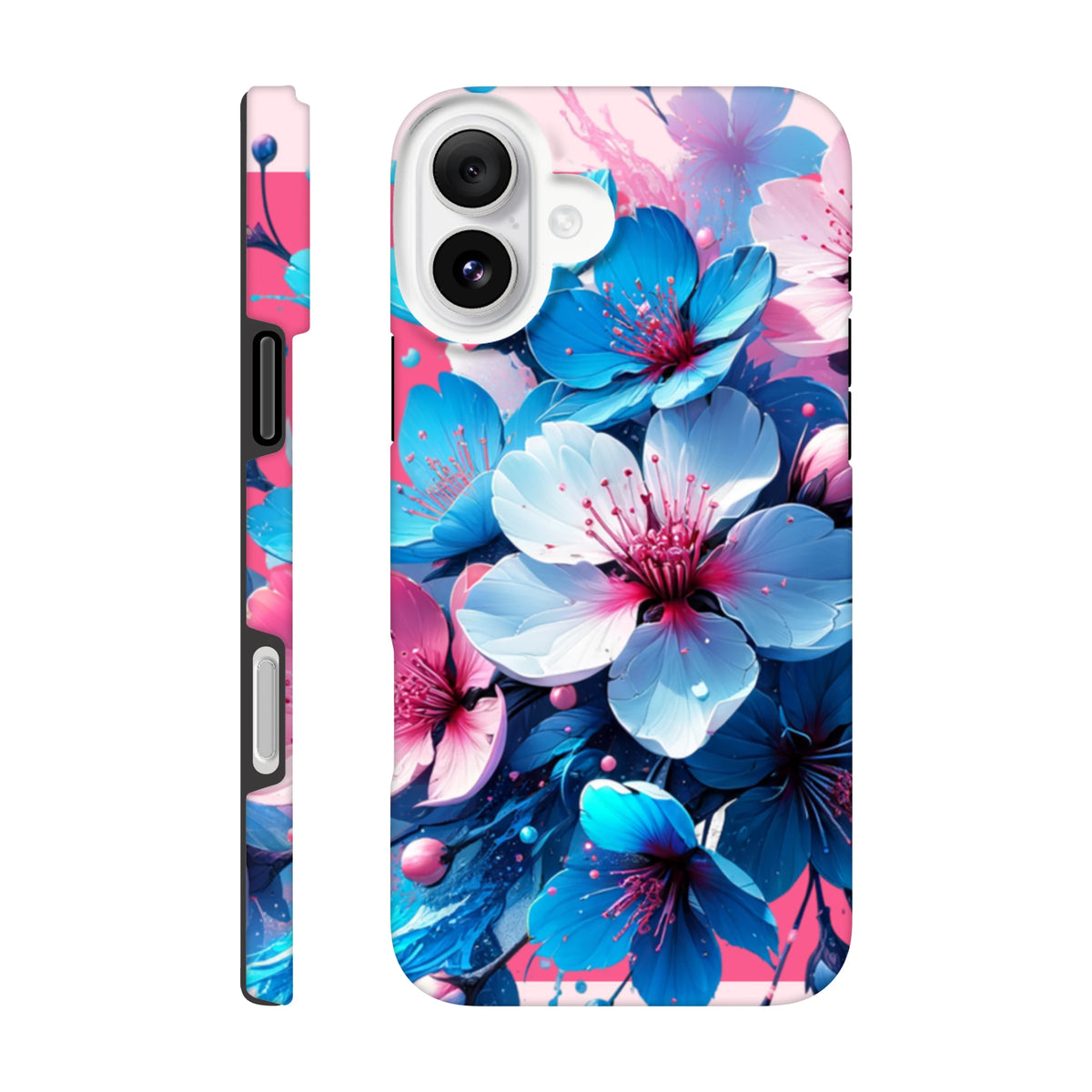 Vibrant blue and pink floral iPhone case design. Tough flower phone cover for daily carry and urban style.