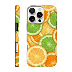 Durable iPhone case featuring a vibrant wraparound print of sliced orange and lime slices, designed for drop protection.