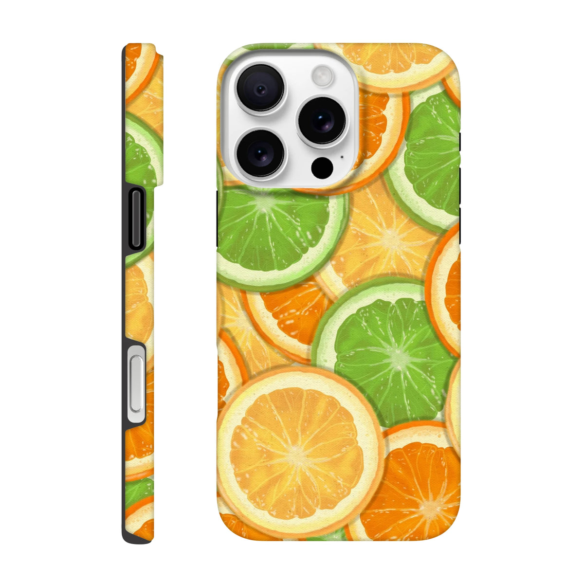 Durable iPhone case featuring a vibrant wraparound print of sliced orange and lime slices, designed for drop protection.