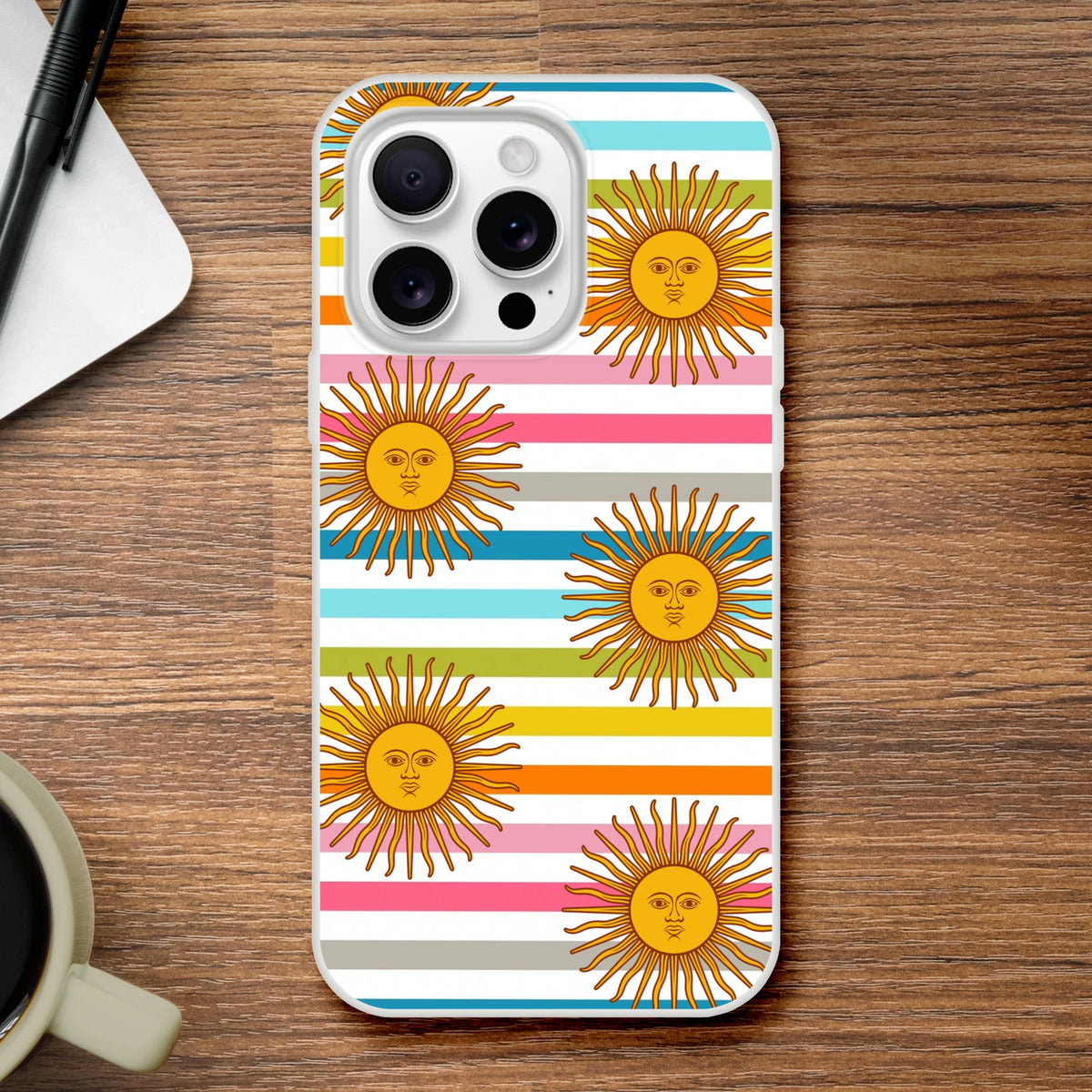 Retro Rainbow Sun iPhone case for iPhone 13-16 with boho sun motifs, striped pastel background, matte finish.
