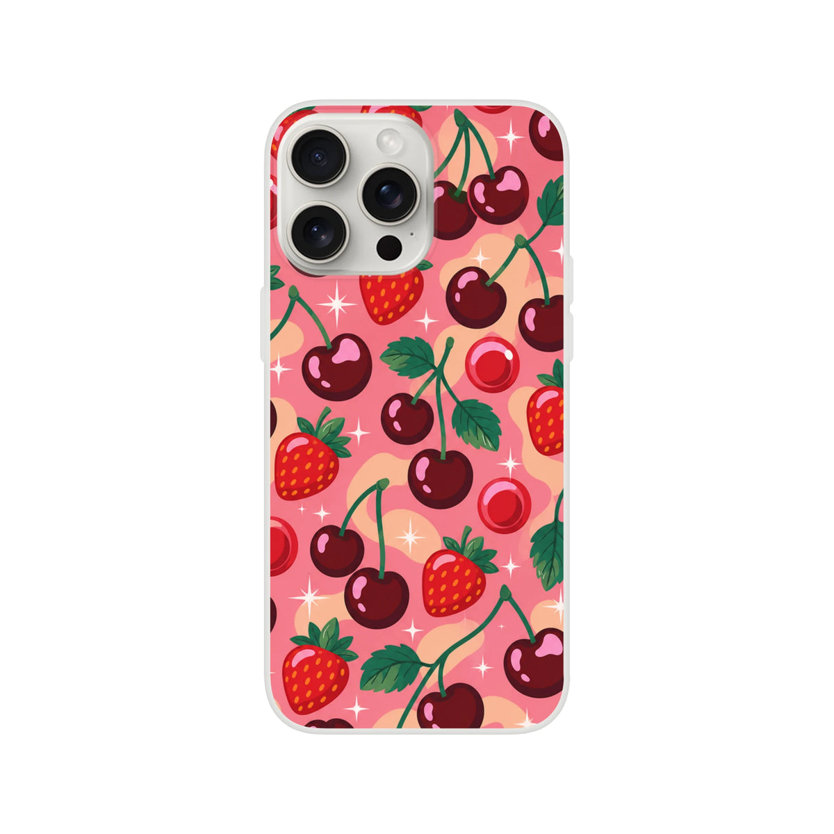 Retro pink iPhone case pattern featuring glossy cherries, strawberries, and sparkles. Shock-absorbing TPU cover for iPhone 13-16.