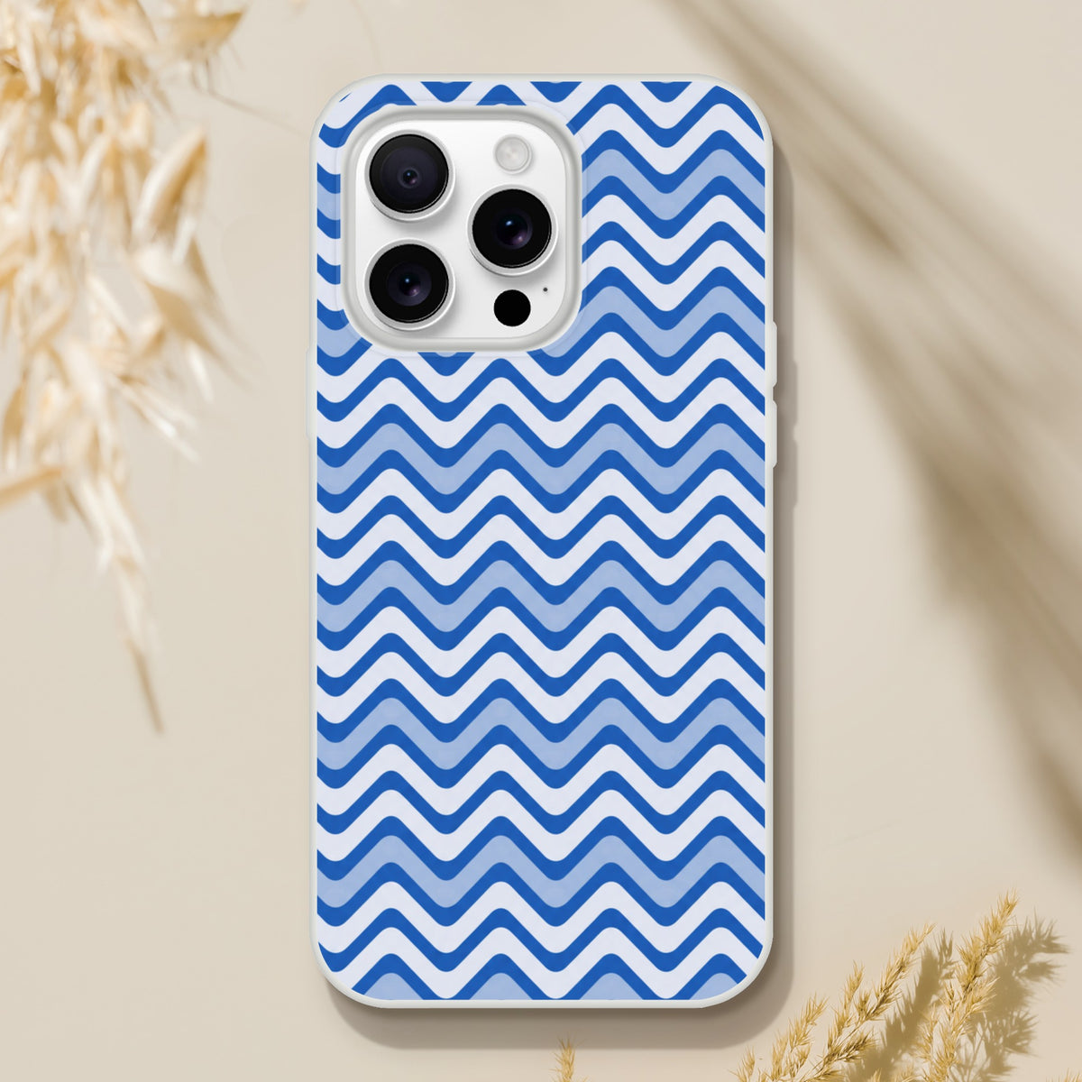 Blue wavy stripe iPhone case with retro geometric pattern, matte TPU protection for models 13-16.