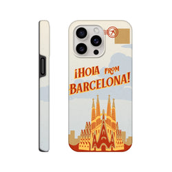 Barcelona Travel Postcard Tough iPhone Case for iPhone 13–16 with wraparound postcard print, Spain vibe.
