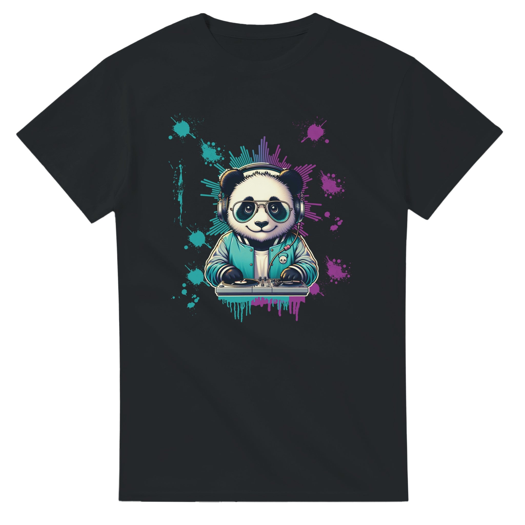 Panda DJ graphic tee: panda with headphones and sunglasses spinning on a turntable, teal and pink splash background.