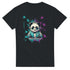 Panda DJ graphic tee: panda with headphones and sunglasses spinning on a turntable, teal and pink splash background.