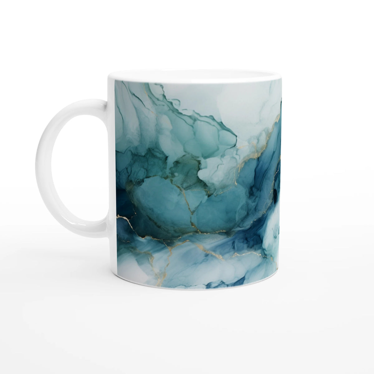 Blue Marble Mug with ocean-abstract glaze; ceramic coffee cup featuring blue marble pattern and white handle.