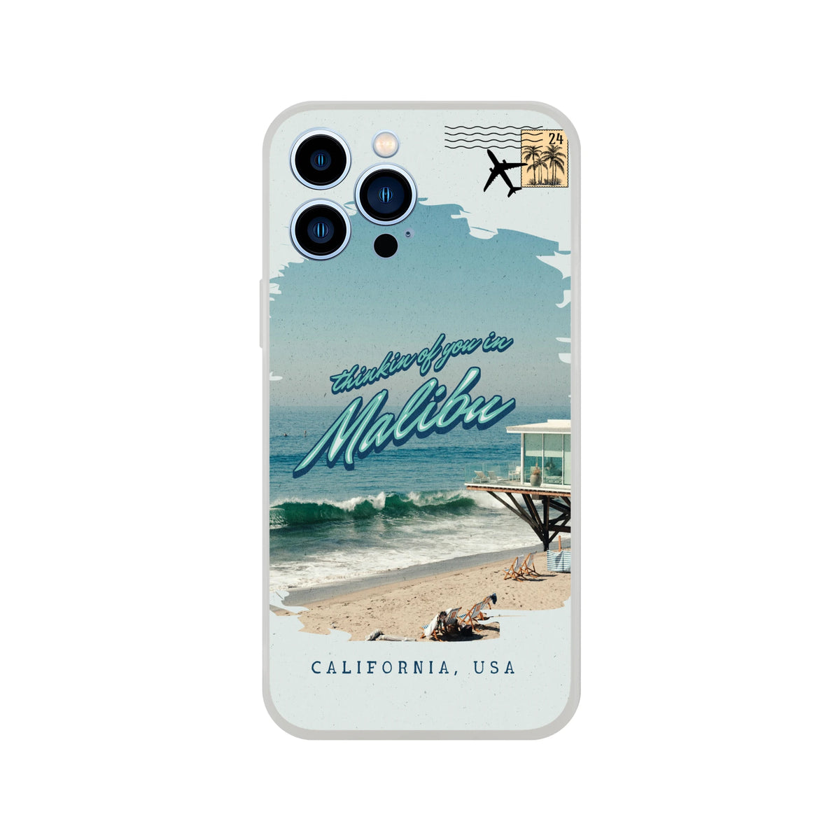 Vintage Malibu postcard iPhone case for 13–16 featuring beach scene and retro typography.