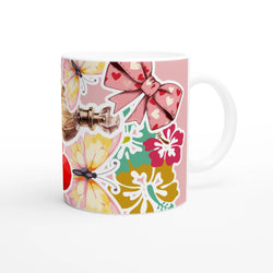 Ceramic mug featuring Retro Perfume and Floral Coquette Bow design on pink background.