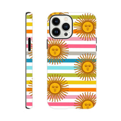 Retro sun stripe iPhone case featuring celestial sun faces with rainbow stripes and protective design.