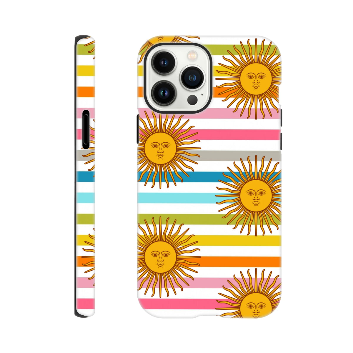 Retro sun stripe iPhone case featuring celestial sun faces with rainbow stripes and protective design.