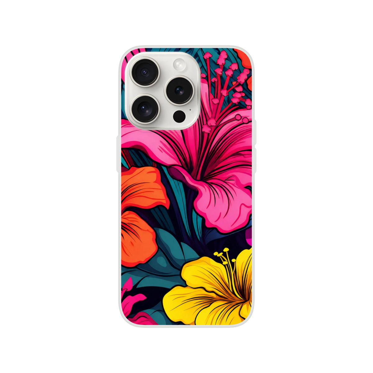 Colourful tropical hibiscus iPhone case for 13-16 with slim matte finish and long-lasting vibrant print