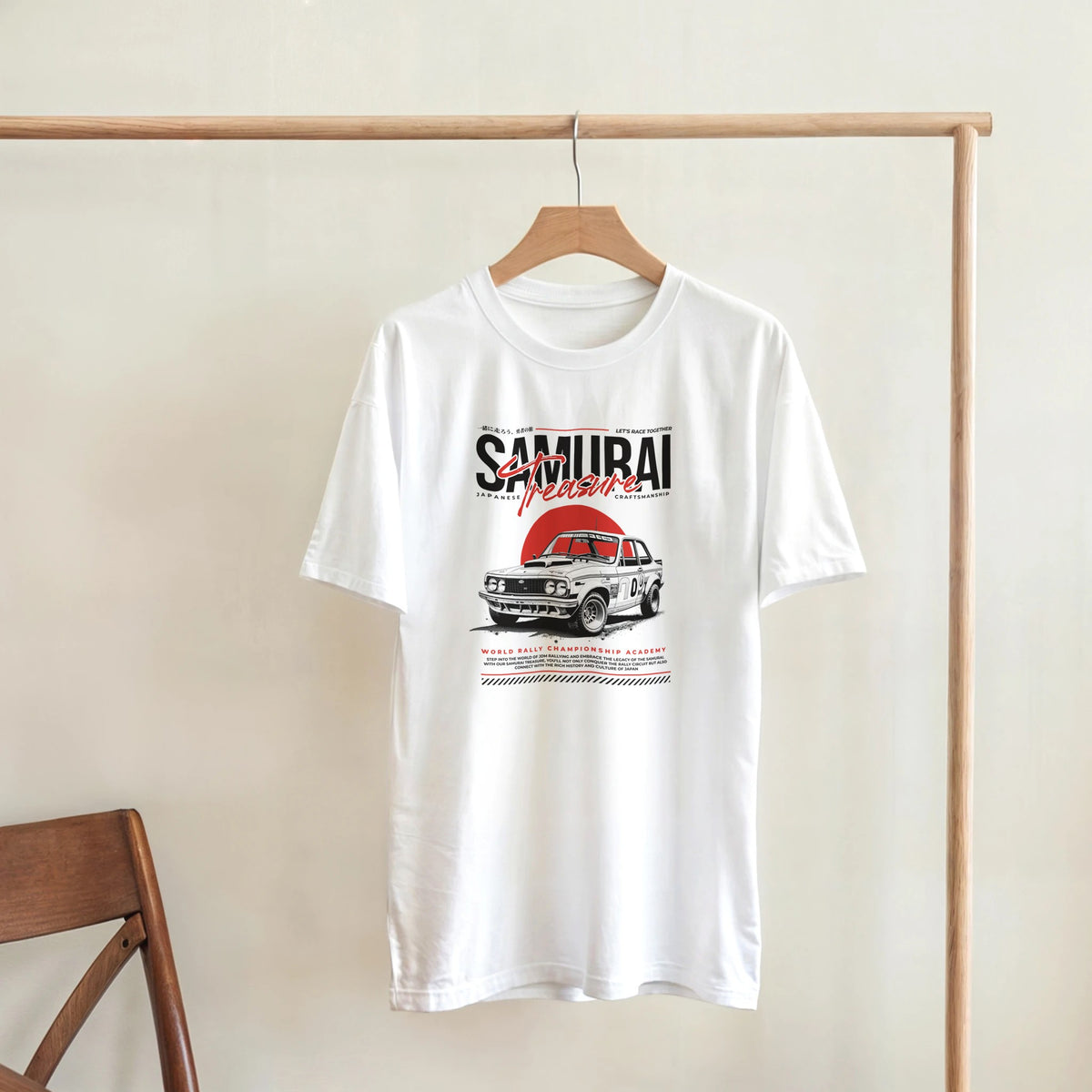 White Japanese JDM men's graphic T-shirt in soft cotton blend featuring a retro car print.
