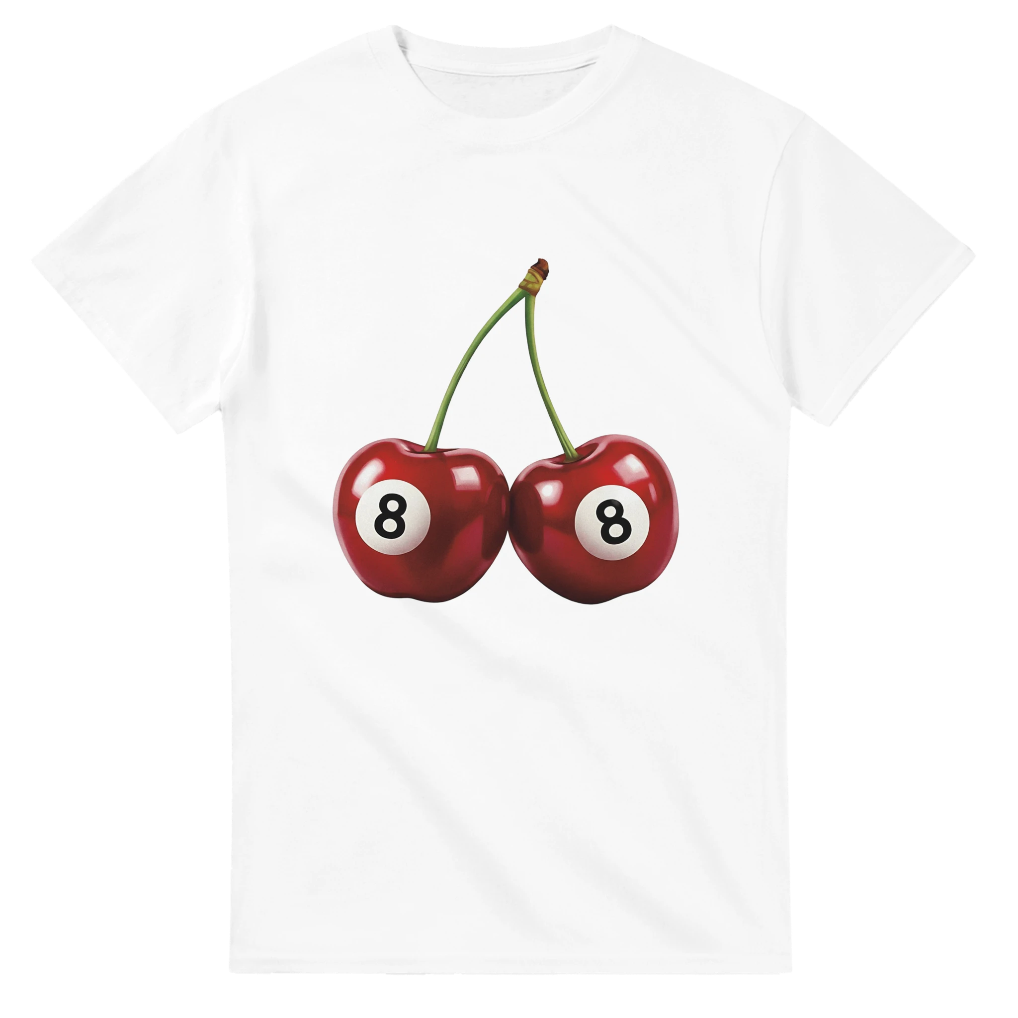 Lucky Cherries T Shirt: two red cherries with 8 in white circles on a white cotton-blend tee