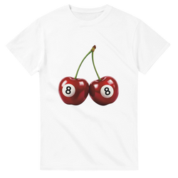 Lucky Cherries T Shirt: two red cherries with 8 in white circles on a white cotton-blend tee