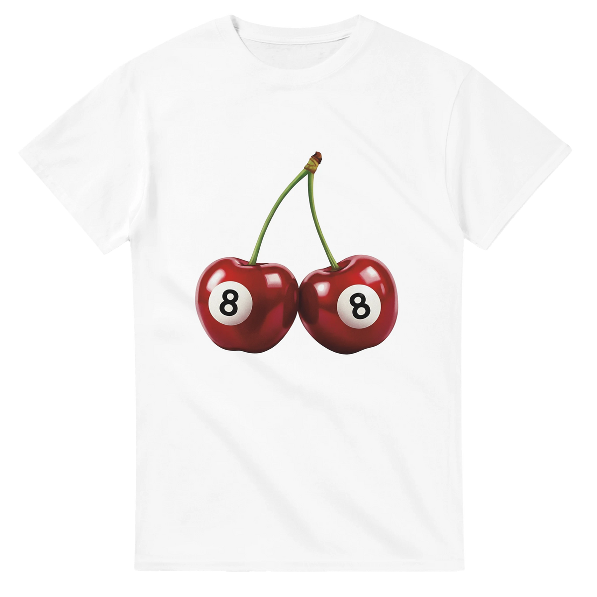 Lucky Cherries T Shirt: two red cherries with 8 in white circles on a white cotton-blend tee