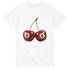 Lucky Cherries T Shirt: two red cherries with 8 in white circles on a white cotton-blend tee